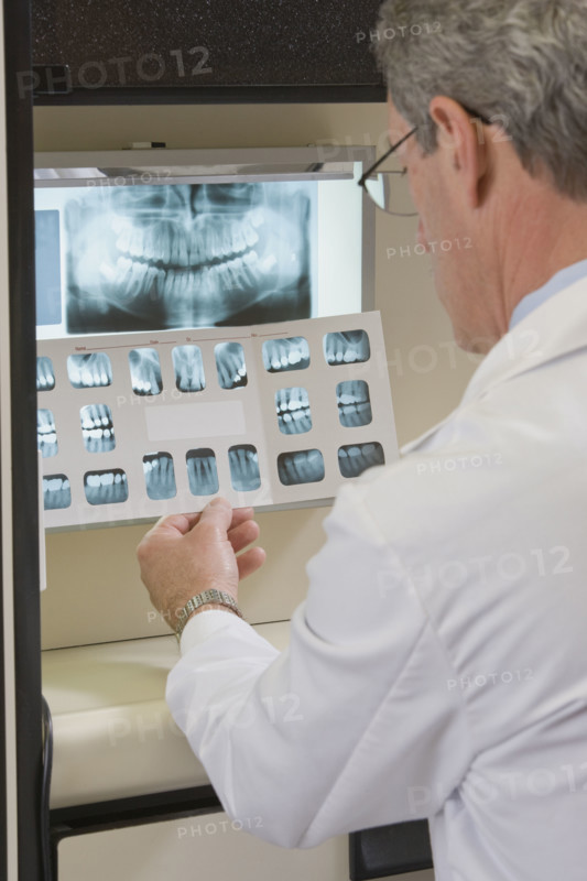 Male dentist examining x-rays. Date : 2008