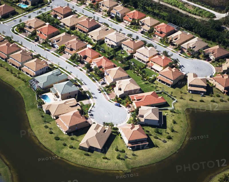 Aerial view of residential housing development. Date : 2008