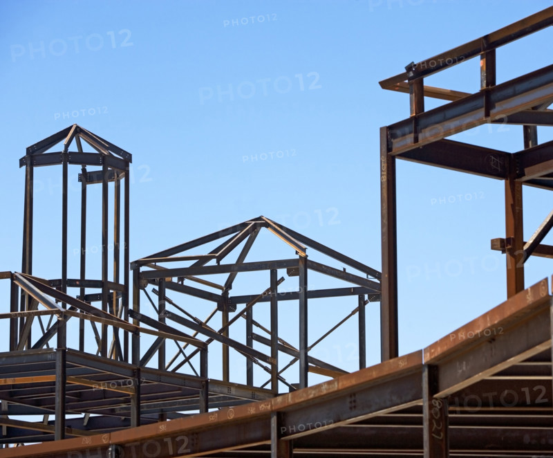 Steel beam frames at construction site. Date : 2008