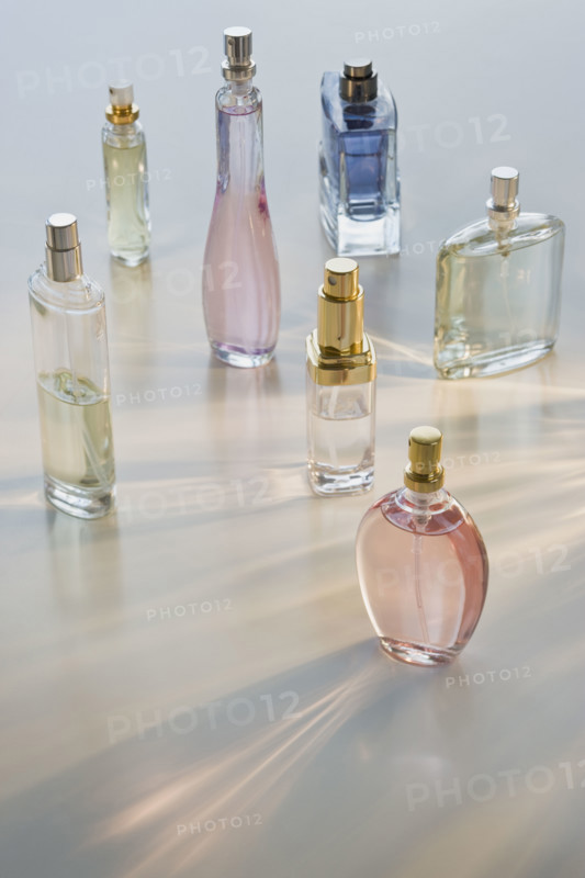 Assorted perfume bottles.