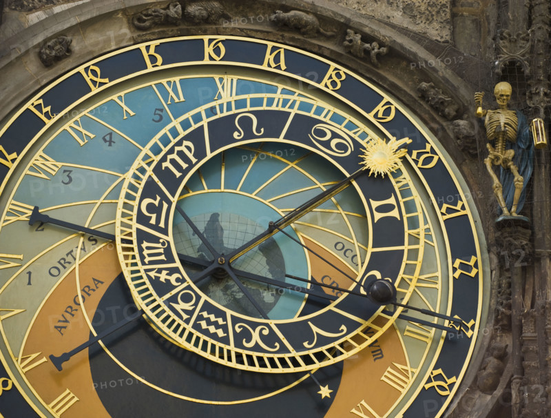 Close up of astrological clock.