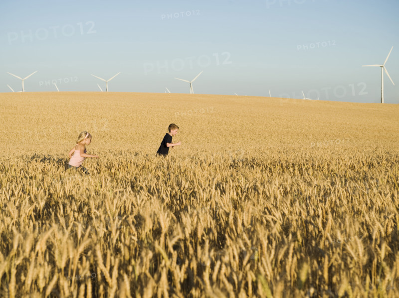 Children running through tall wheat field on wind farm. Date : 2008