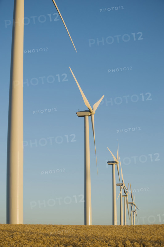 Row of windmills on wind farm. Date : 2008