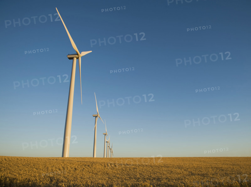 Row of windmills on wind farm. Date : 2008