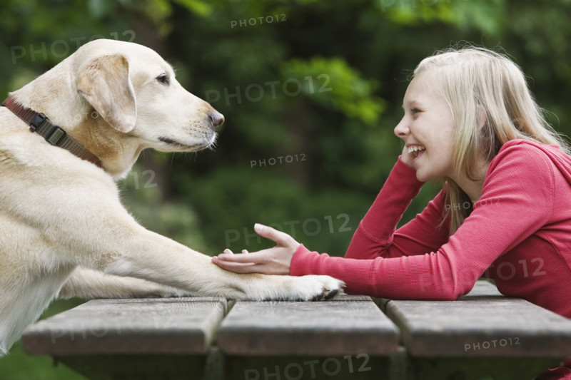 Dog sitting across from girl on picnic table. Date : 2008
