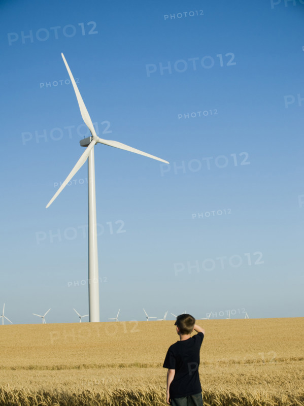 Boy looking at windmill on wind farm. Date : 2008