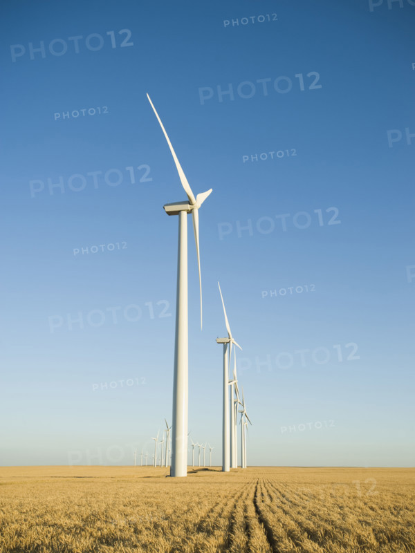 Row of windmills on wind farm. Date : 2008