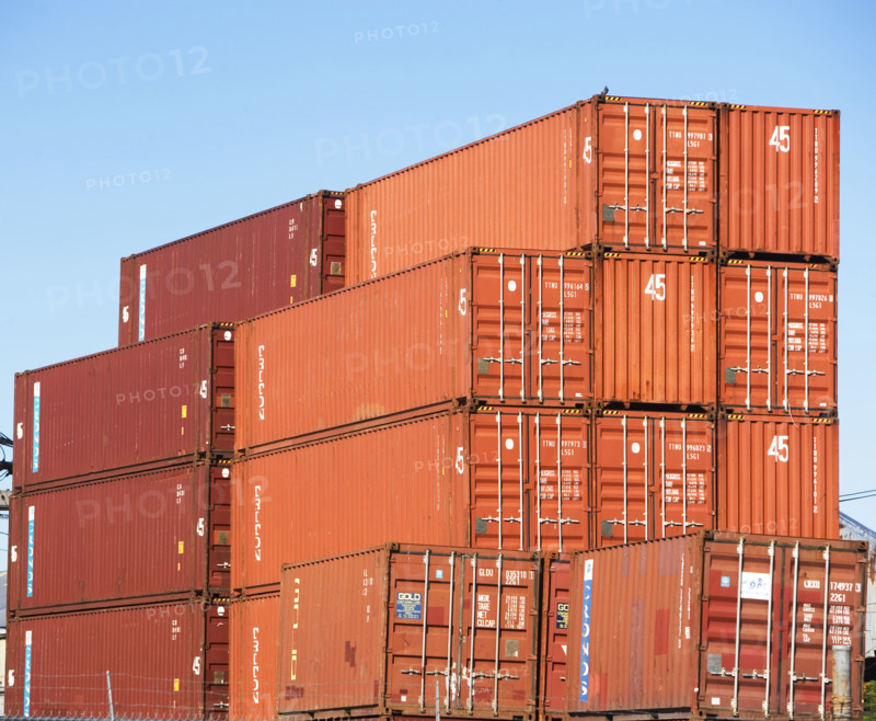 Stacked cargo containers. Date: 2008