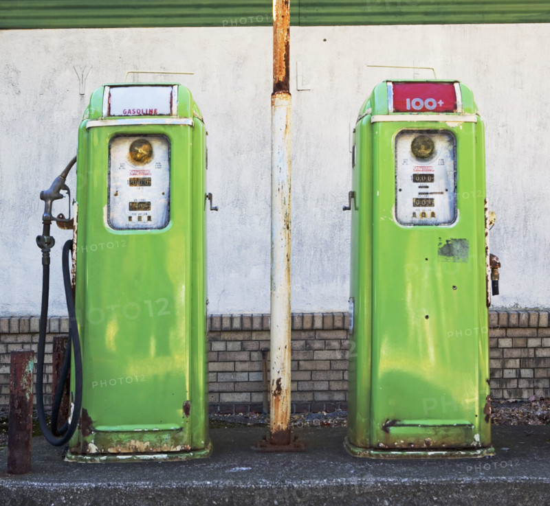 Old-fashioned gas pumps. Date: 2008