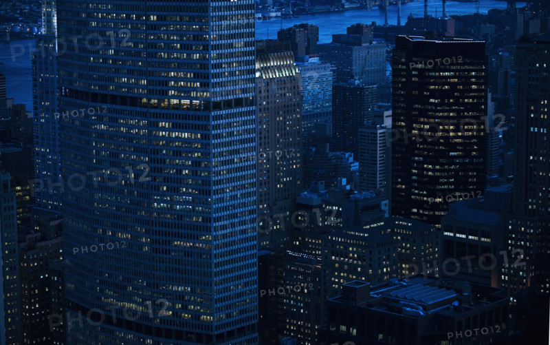 Highrise buildings in New York City at sunset.