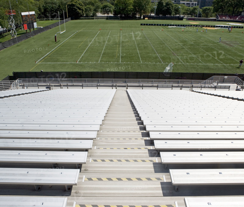 View of football field from empty bleachers. Date : 2008