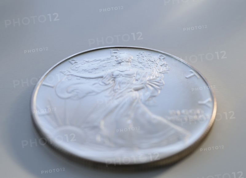 Close up of silver coin.