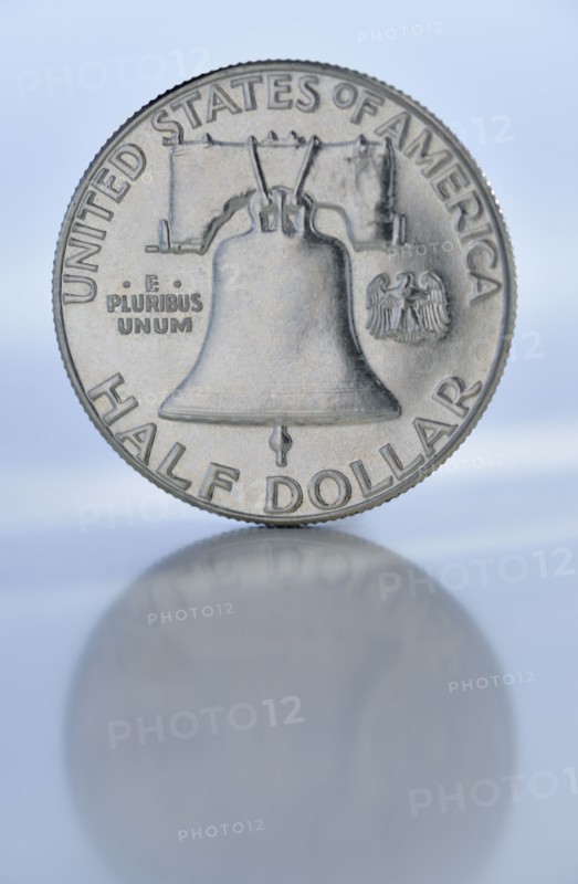 Close up of silver coin.