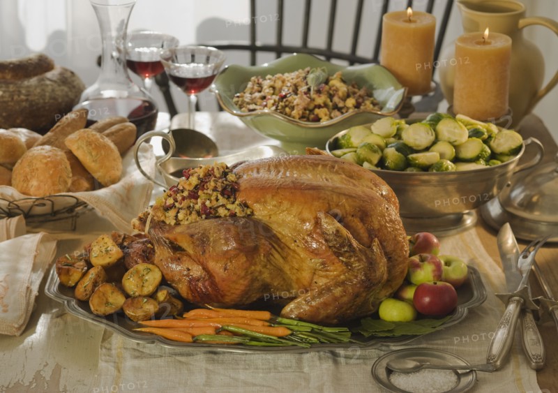 Thanksgiving dinner on table.