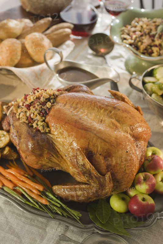 Thanksgiving dinner on table.