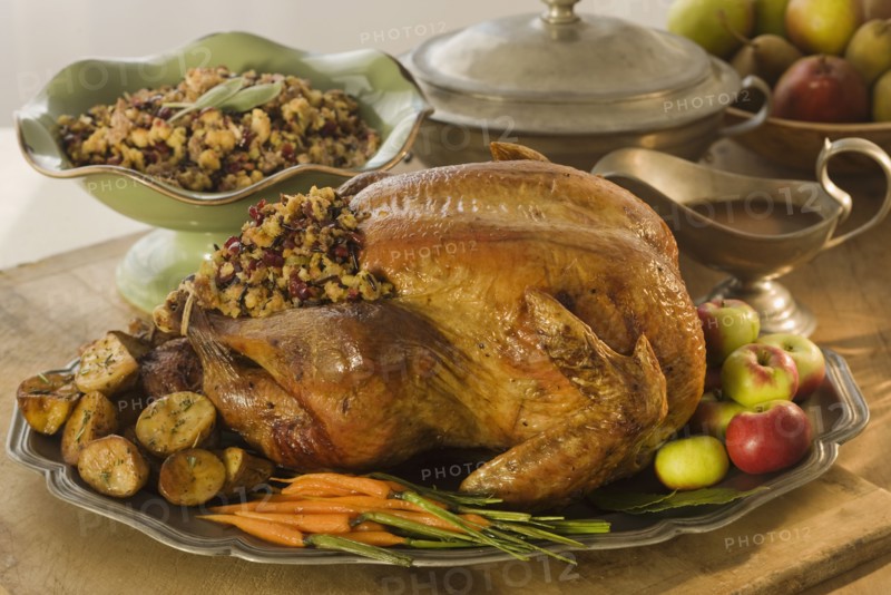 Thanksgiving dinner on table.