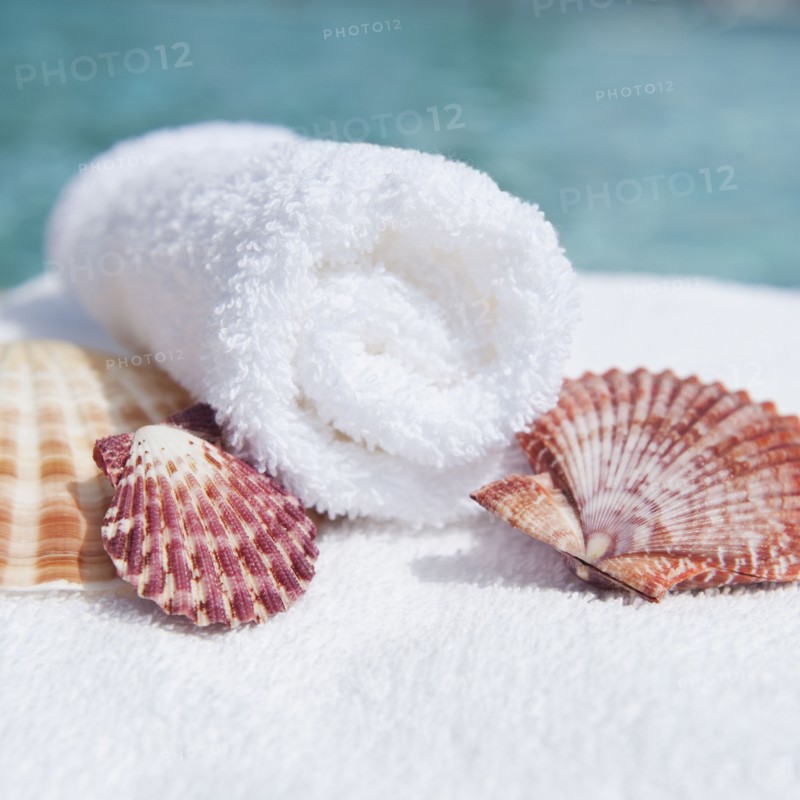 Spa towel and seashells.