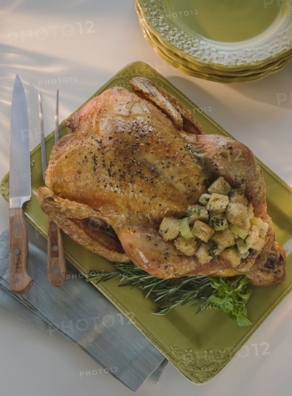 Thanksgiving turkey on table.