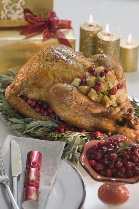 Thanksgiving turkey on decorated platter.