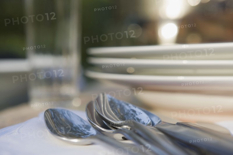 Close-up of cutlery and plates on dinner table. Photographe : mark edward atkinson