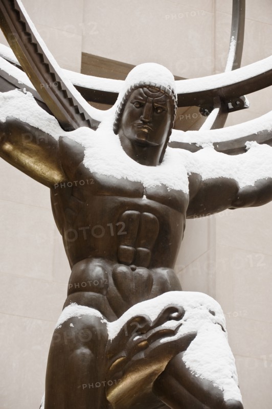 Statue of Atlas at Rockefeller Center in winter, Manhattan, New York City, New York, USA.