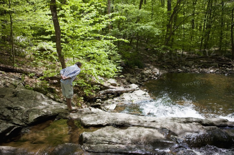 A man at a stream in the woods