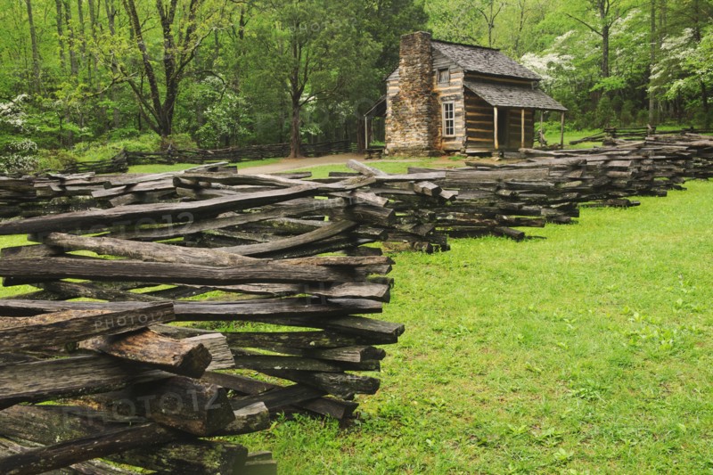 A fence and cabin in Smoky Mountain National Park.