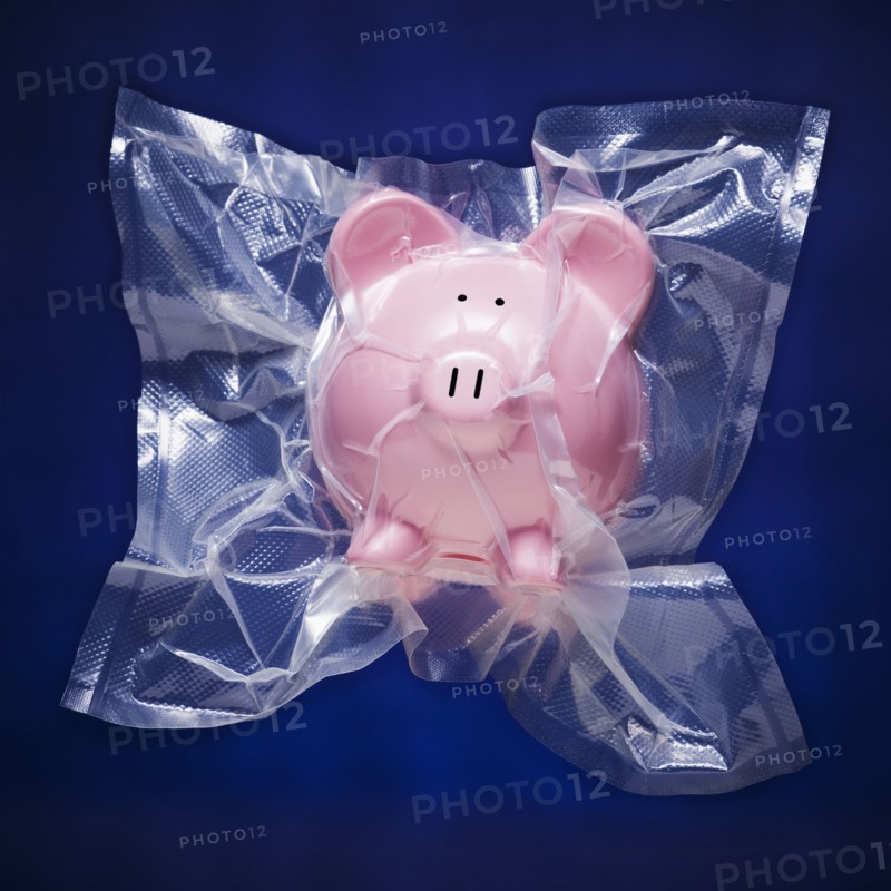Shrink wrapped piggy bank