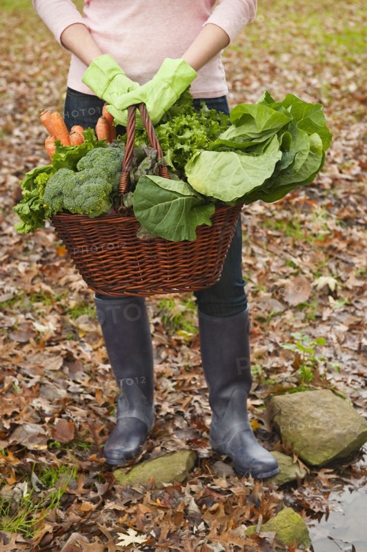 Woman holding basket of vegetables.