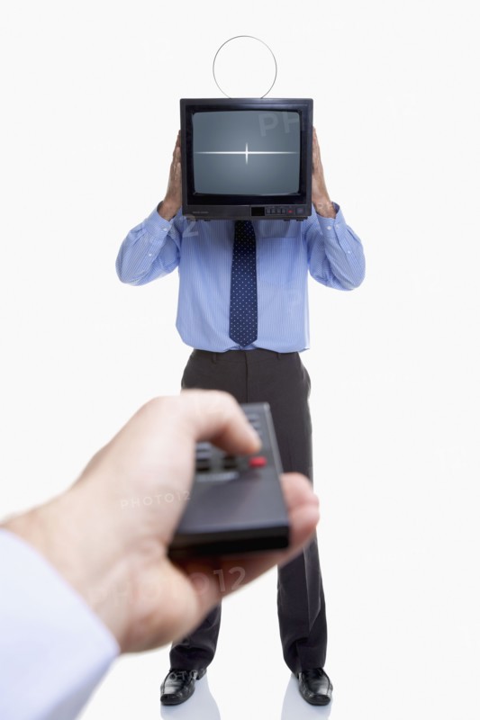 Man holding television and remote