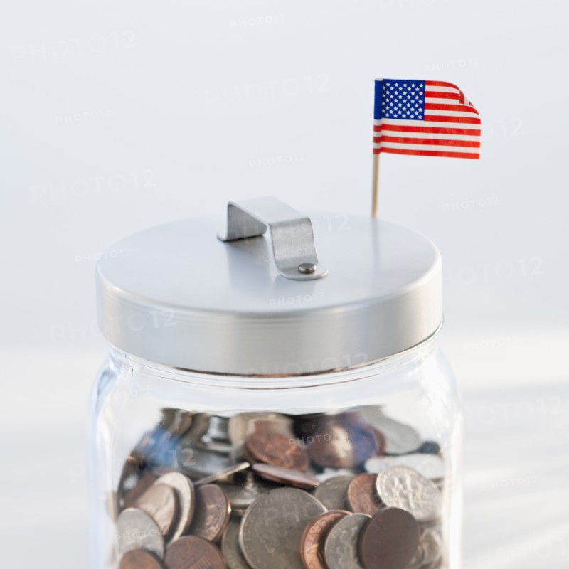 Coins in jar.