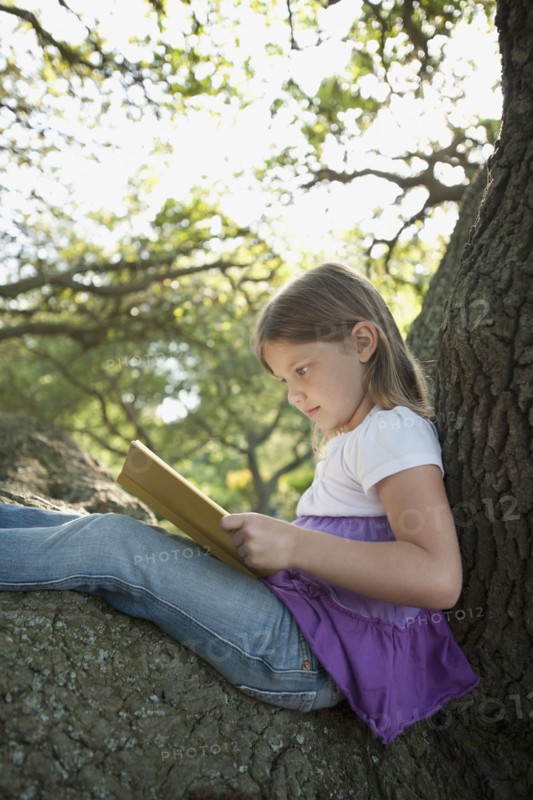 Girl reading book in tree