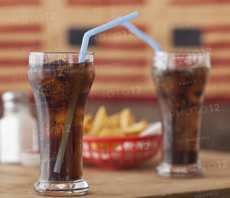 Soda on table in diner.