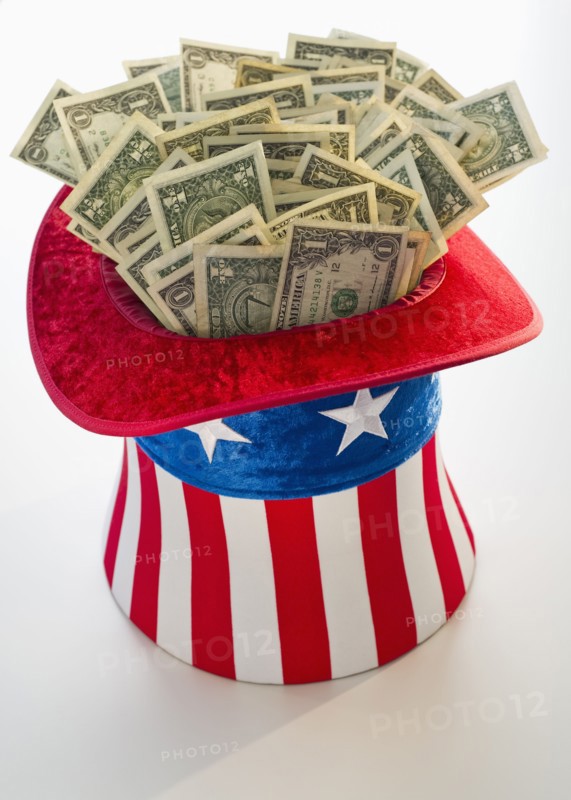 Money in Uncle Sam's hat.