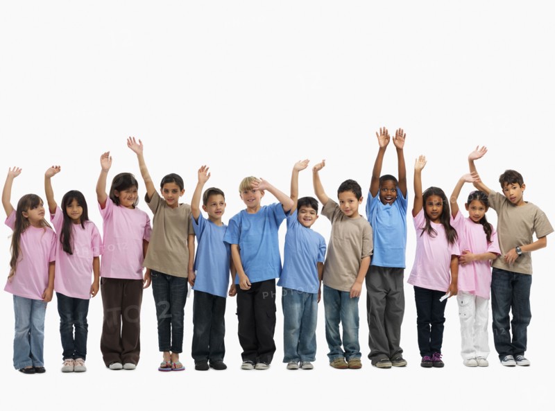 Children raising their hands. Photographer: momentimages