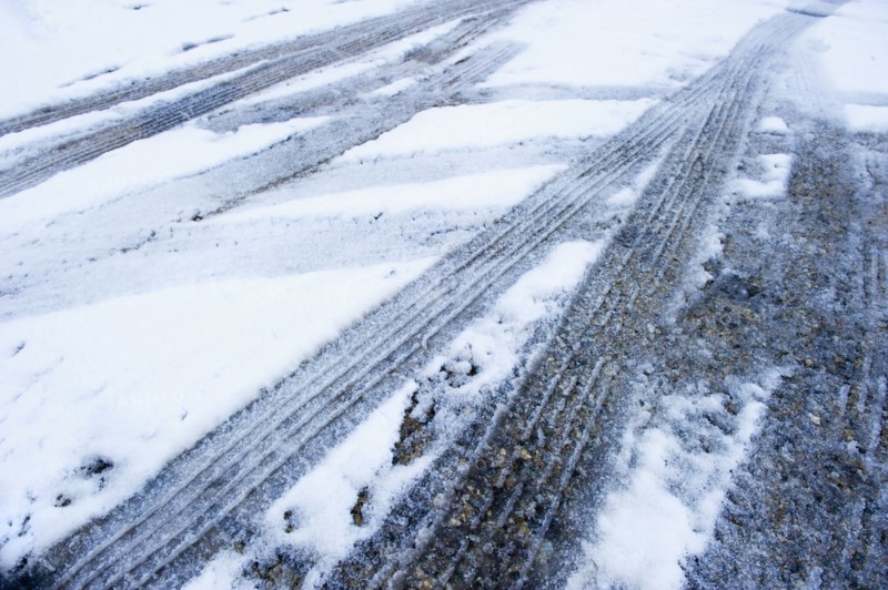 Tire tracks in snow.