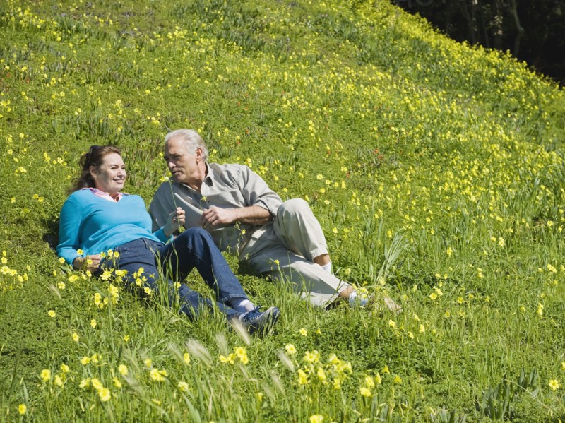Couple relaxing in meadow.