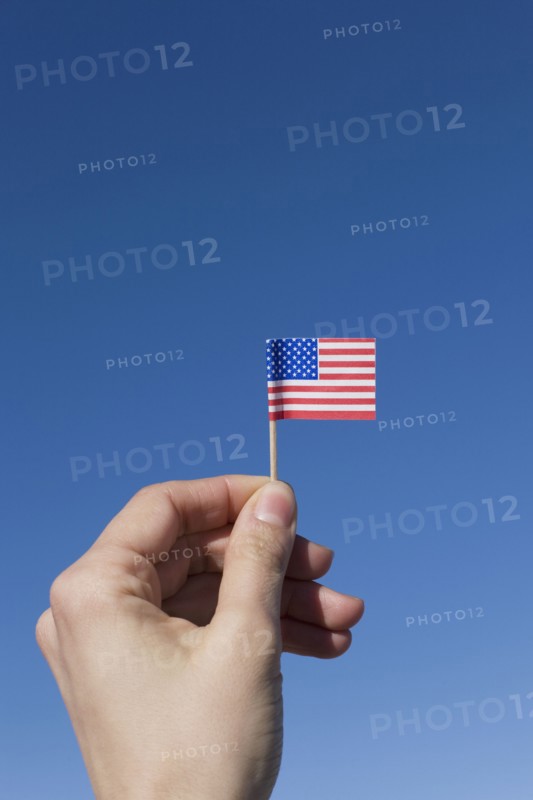 Hand holding small American flag. Photographe : David Engelhardt