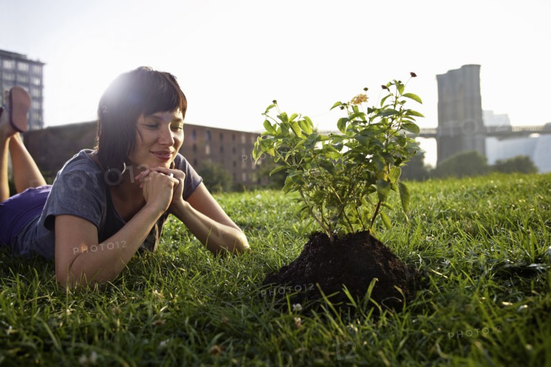 Woman looking at aspen sapling on grass. Photographe : Shawn O'Connor