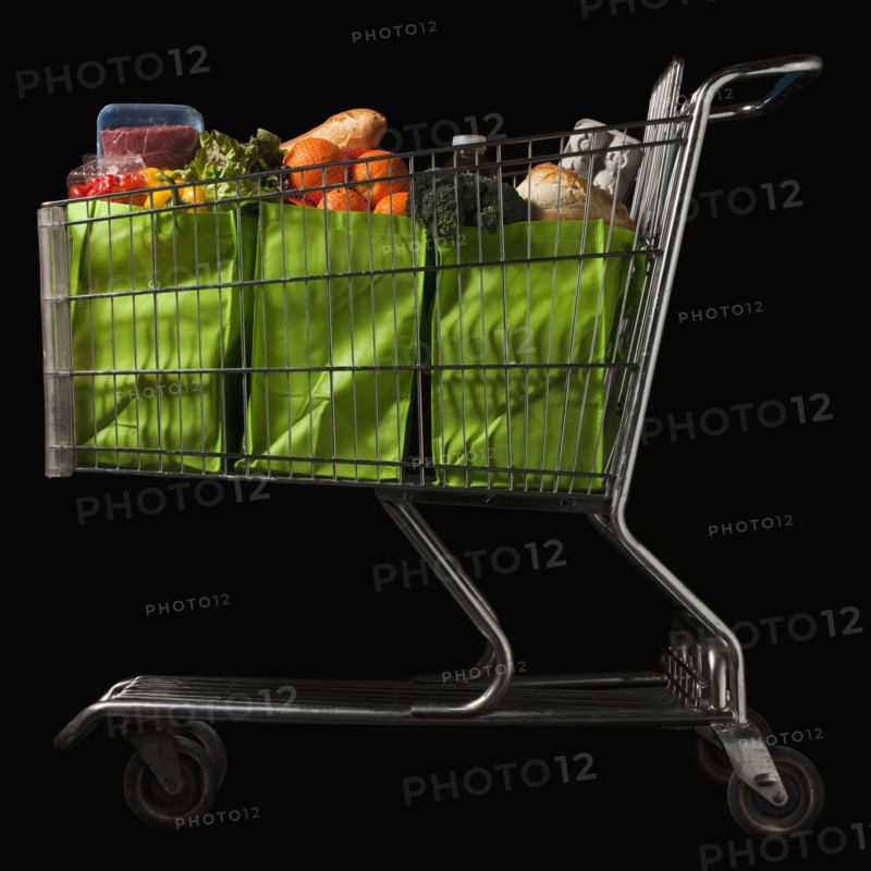 Grocery cart full of bags of groceries. Photographe : Mike Kemp