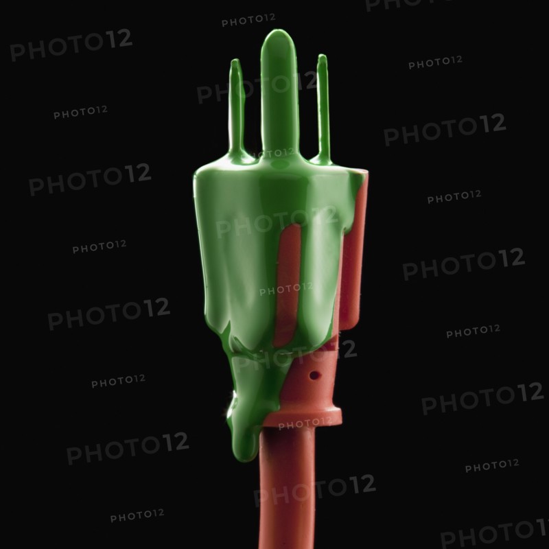 Electric plug covered in green paint. Photographe : Mike Kemp