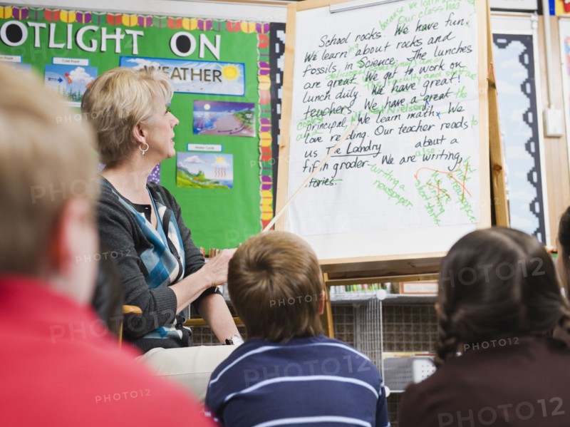 Teacher giving classroom presentation to students.