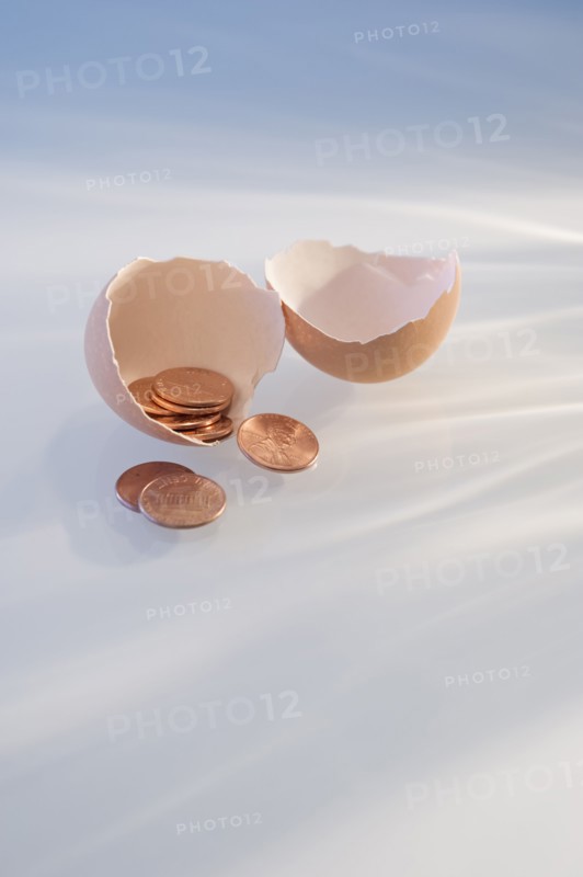 Pennies in a cracked egg shell.