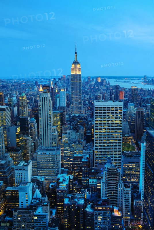 New York City skyline at sunset.