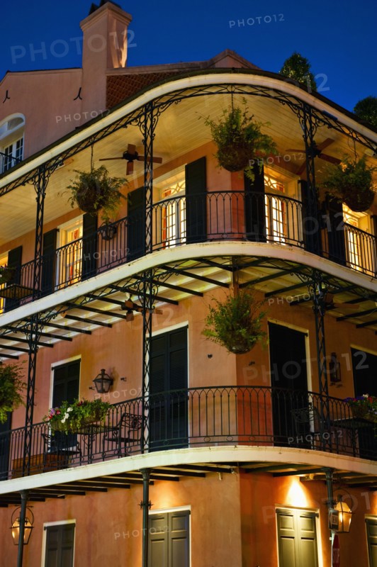 Balconies at night in French Quarter of New Orleans.