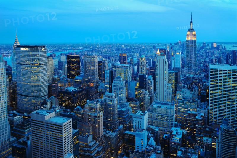 New York City skyline at sunset.