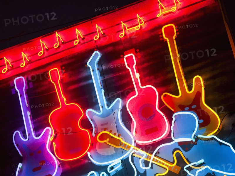 Illuminated guitars on Beale Street in Memphis.