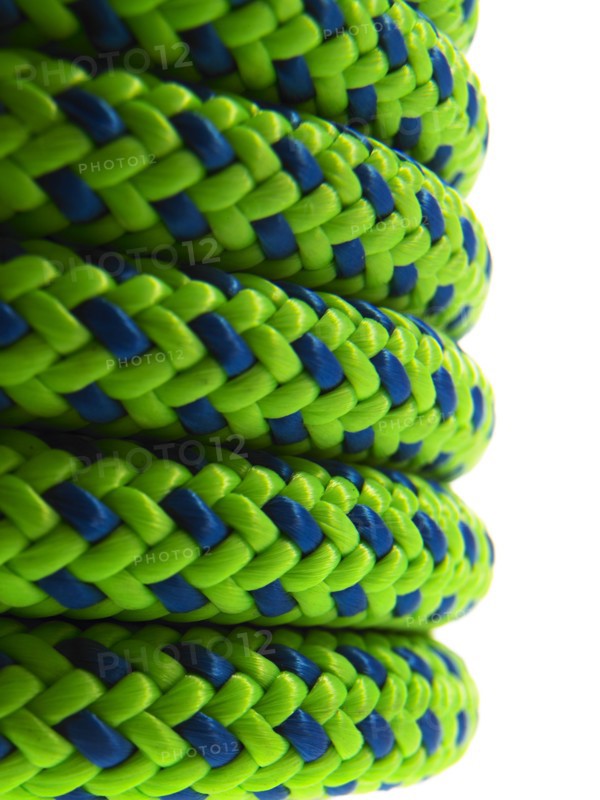Stack of green and blue rope. Photo : David Arky