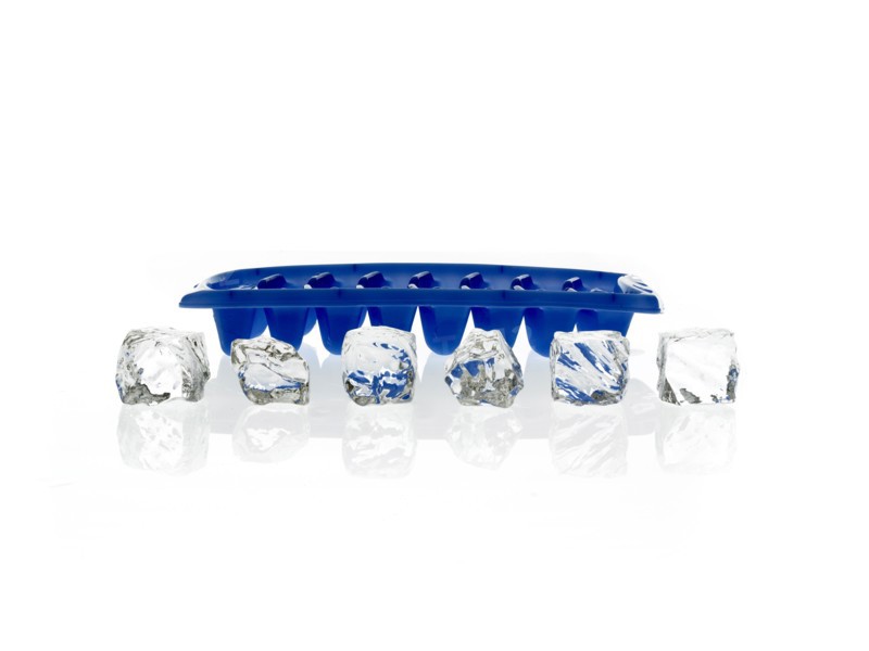 Ice cubes and blue ice cube tray. Photo. David Arky