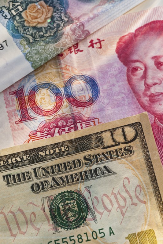 Chinese and American money.